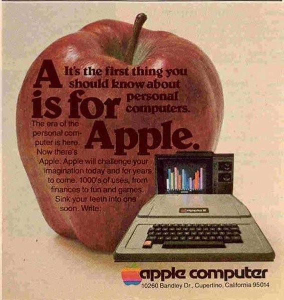 “A is for Apple。”蘋果公司意圖開啟個人電腦時代，1978年發(fā)布。