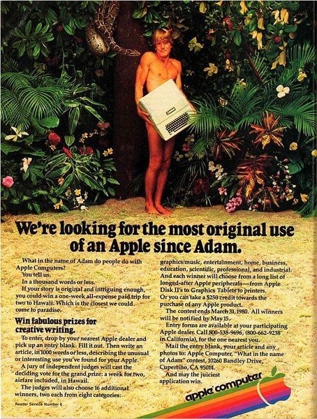 亞當(dāng)抱著蘋果電腦遮擋私處。Apple II電腦廣告，1979年發(fā)布。