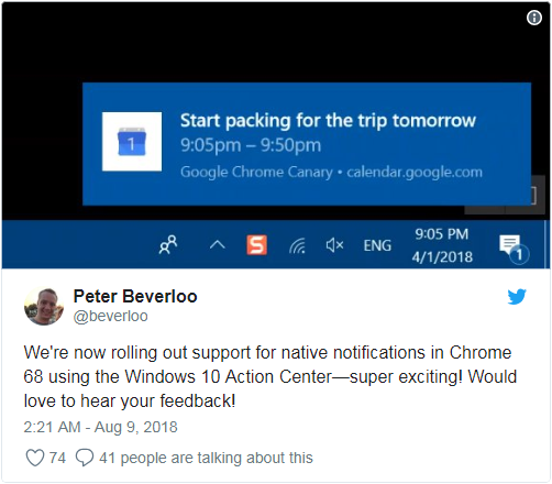 Chrome 68已支持Windows 10原生通知功能 可遵從行動中心的設(shè)置